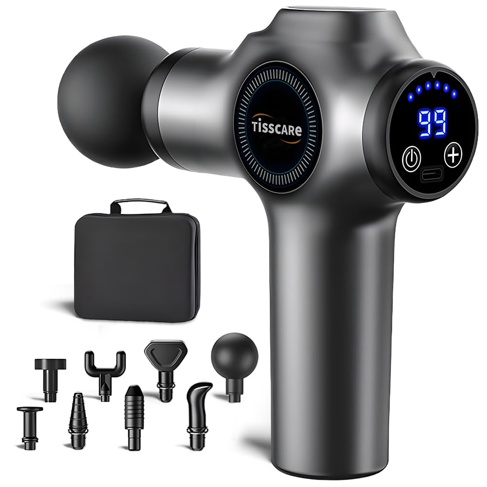 Massage gun with digital display and attachments on a white background, featuring the brand 'Tisscare'.