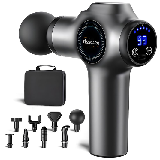 Massage gun with digital display and attachments on a white background, featuring the brand 'Tisscare'.